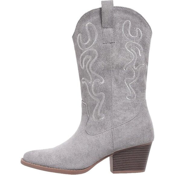 Women Grey Suede Mid Calf Chunky Block Heel Western Embroidered Fashion Boot - Picture 3 of 5
